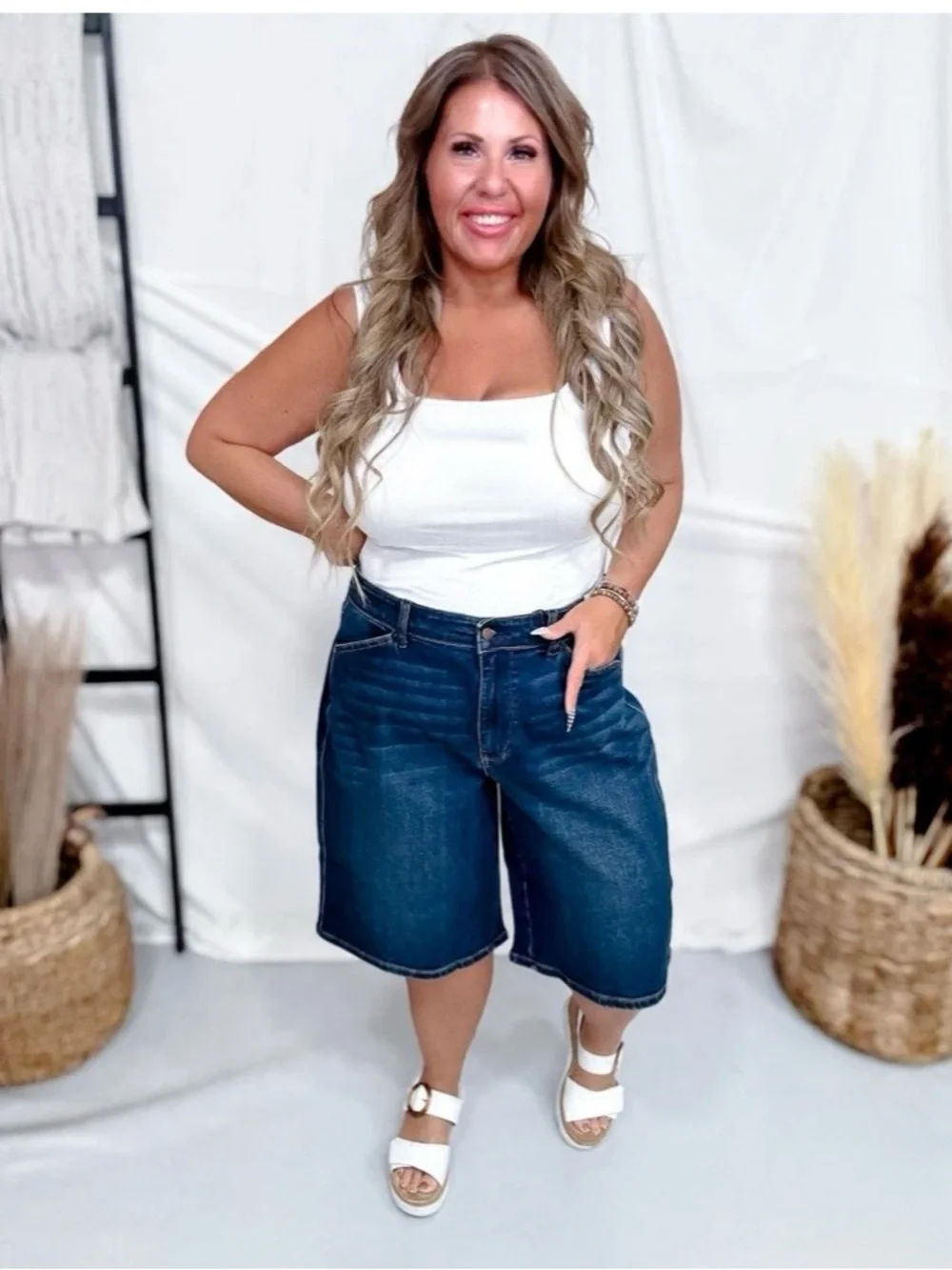 New Judy Blue High Waist Bermuda Long Jean Shorts Jorts 1X Dark Stretch JB152111